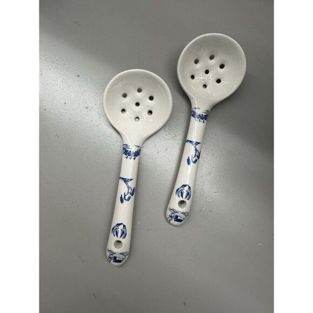 (2) Two Handmade Ceramic Slotted Rice 7” Rice Serving Spoons